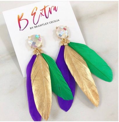 Mardi Gras Feather Earrings by Brantley Cecilia