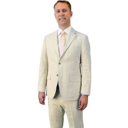 Tan Seersucker Flat Front Suit by Perlis
