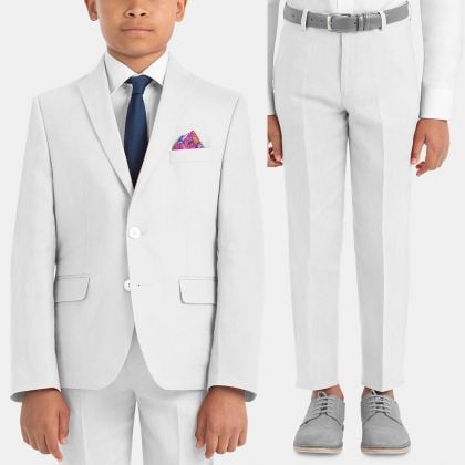 Youth 100% White Linen Suit with Flat Front Pant