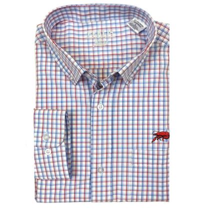 
This Crawfish USA Check Performance Wrinkle Free Button Down Sport Shirt features a red crawfish embroidery above the left pocket. It is long sleeve and 95% polyester and 15% spandex and features colors perfect USA colors. Lightweight material to stay c