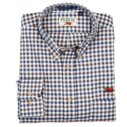 This Crawfish Gingham Wrinkle Free Classic Fit Sport Shirt features a red crawfish embroidery above the left pocket. It is 100% american cotton and features colors perfect for the fall.