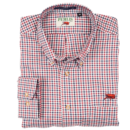 Crawfish Mini Gingham Sport Shirt with embroidered red crawfish with a navy and a red gingham print. 