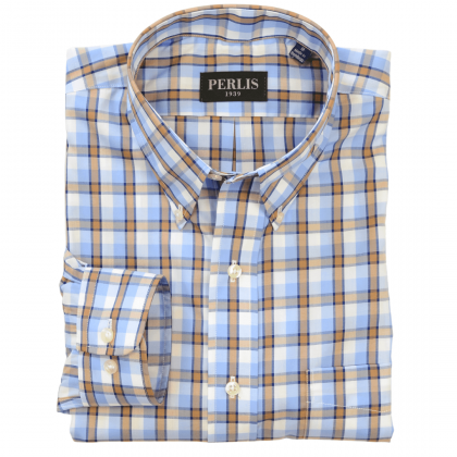 Perlis 1939 Blue & Tan Wrinkle Free Classic Fit Sports Shirt
