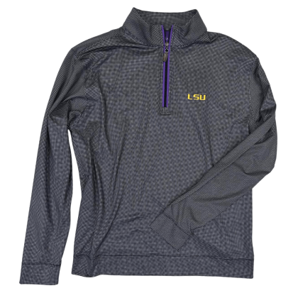 The LSU Mini check 1/4 Zip Pullover by Horn Legend is the perfect lightweight zip up for LSU Tigers Gameday.
