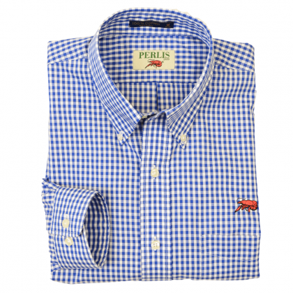 This Crawfish Gingham Wrinkle Free, Classic Fit, Button Down Sport Shirt features a red crawfish embroidery above the left pocket. It is long sleeve and 100% American cotton and features colors perfect for any season.