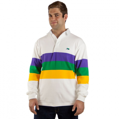 Mardi Gras Rugby jersey being worn by a man: Authentic New Orleans Style