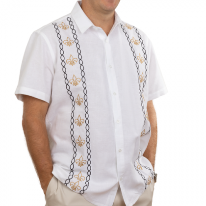 The Saints Fleur De Lis Shirt is a one of a kind festival shirt modeled after the Latin American Guayabera.  It is a high quality 50% linen & 50% cotton blend with premium Saints Fleur De Lis  embroidery perfect to stay cool at any Saints tailgate.