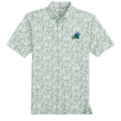 The "Angry Wave" Tailgater Performance Polo is a white polo with an angry wave emboridery. The "Tulane" green mini print features tailgating favorites such as helmets, barbaque, ice chests, score boards, refs, and trucks