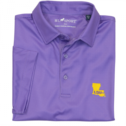 A purple micro dot polo with a yellow Louisiana state outline with a purple "lsu" printed inside on left breast