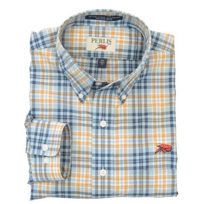 This Crawfish Plaid Wrinkle Free, Classic Fit, Button Down Sport Shirt features a red crawfish embroidery above the left pocket. It is long sleeve and 100% American cotton and features colors perfect for the fall.