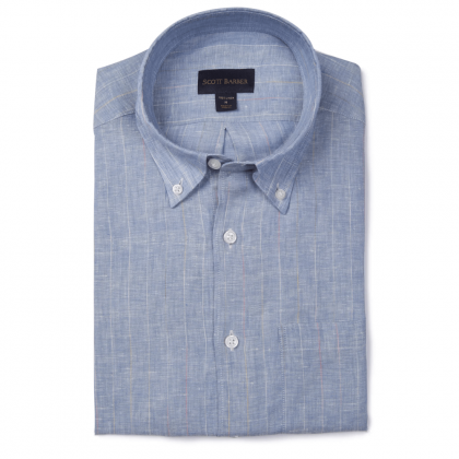 100% Linen Blue Chalk Stripe Sport Shirt by Scott Barber