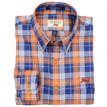 This Crawfish Framed Check Wrinkle Free, Classic Fit, Button Down Sport Shirt features a red crawfish embroidery above the left pocket. It is long sleeve and 100% American cotton and features colors perfect for the autumn. 