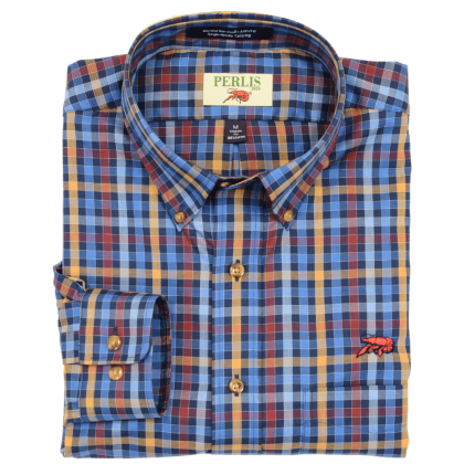 This Crawfish Gingham Plaid Wrinkle Free, Classic Fit, Button Down Sport Shirt features a red crawfish embroidery above the left pocket. It is long sleeve and 100% American cotton and features colors perfect for the fall.