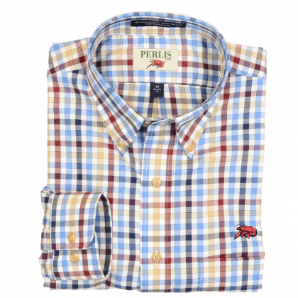This Crawfish Fall Gingham Standard Fit Button Down Sport Shirt, has a button-down collar and small red crawfish embroidery on the hem of the pocket.
