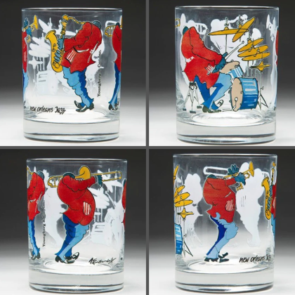 saxaphone, trombone, drummer and trumpet jazz player on a glass cup