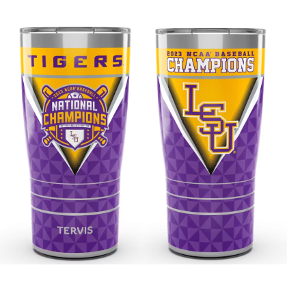 The purple and yellow tumblers with the words "2023 NCAA Baseball Champions," "Tigers," "LSU", "National Champions" written on both sides.