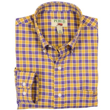 This Crawfish Purple & Gold Check Standard Fit Button Down Sport Shirt, has a button-down collar and small purple and gold crawfish embroidery on the hem of the pocket. It has Perlis engraved buttons. This shirt is perfect LSU Gameday colors for a tailgat