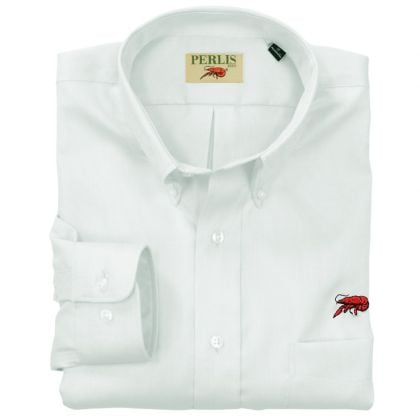 This Crawfish Oxford Wrinkle Free, Classic Fit, Button Down Sport Shirt or Dress Shirt features a red crawfish embroidery above the left pocket. It is long sleeve and 100% American cotton and features colors perfect for a suit, sport coat, or for the offi
